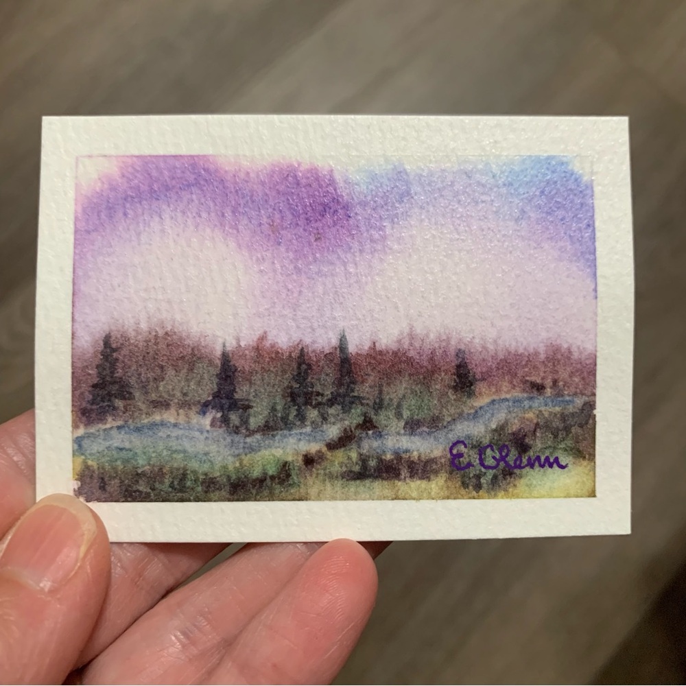 ACEO original Art 3.5x2.5 Purple & Blue Miniature Landscape Watercolor painting